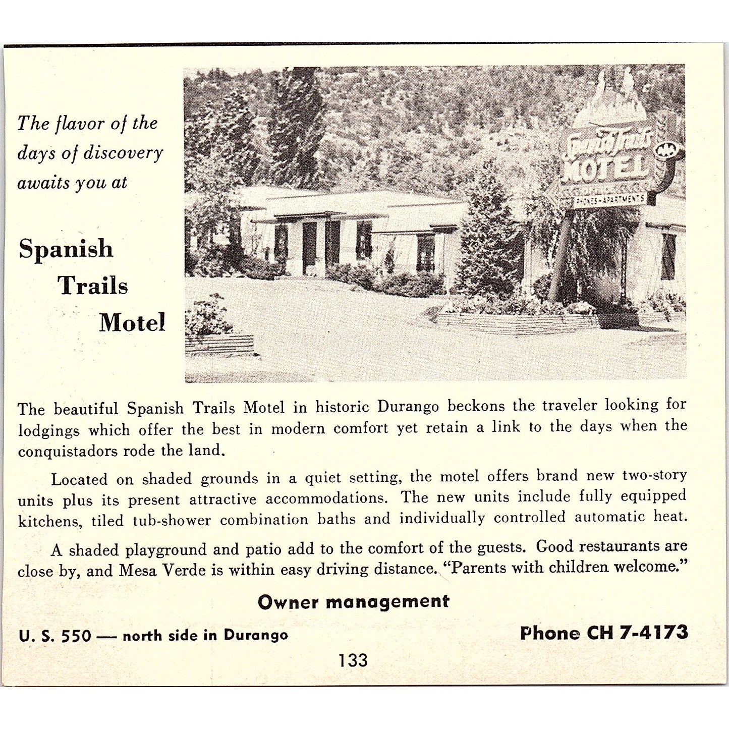 Sun Set Motel S.B. Palmer, Spanish Trails Motel Durango CO 1958 Ad AG1-H1