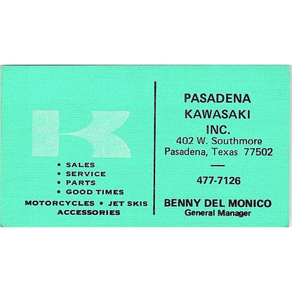 Pasadena Kawasaki Inc Benny Del Monico Pasadena TX Vintage Business Card SD9-B12