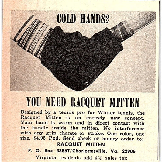 Tennis Racquet Mitten for Winter Tennis Charlottesville VA 1977 Ad AF3-Q3