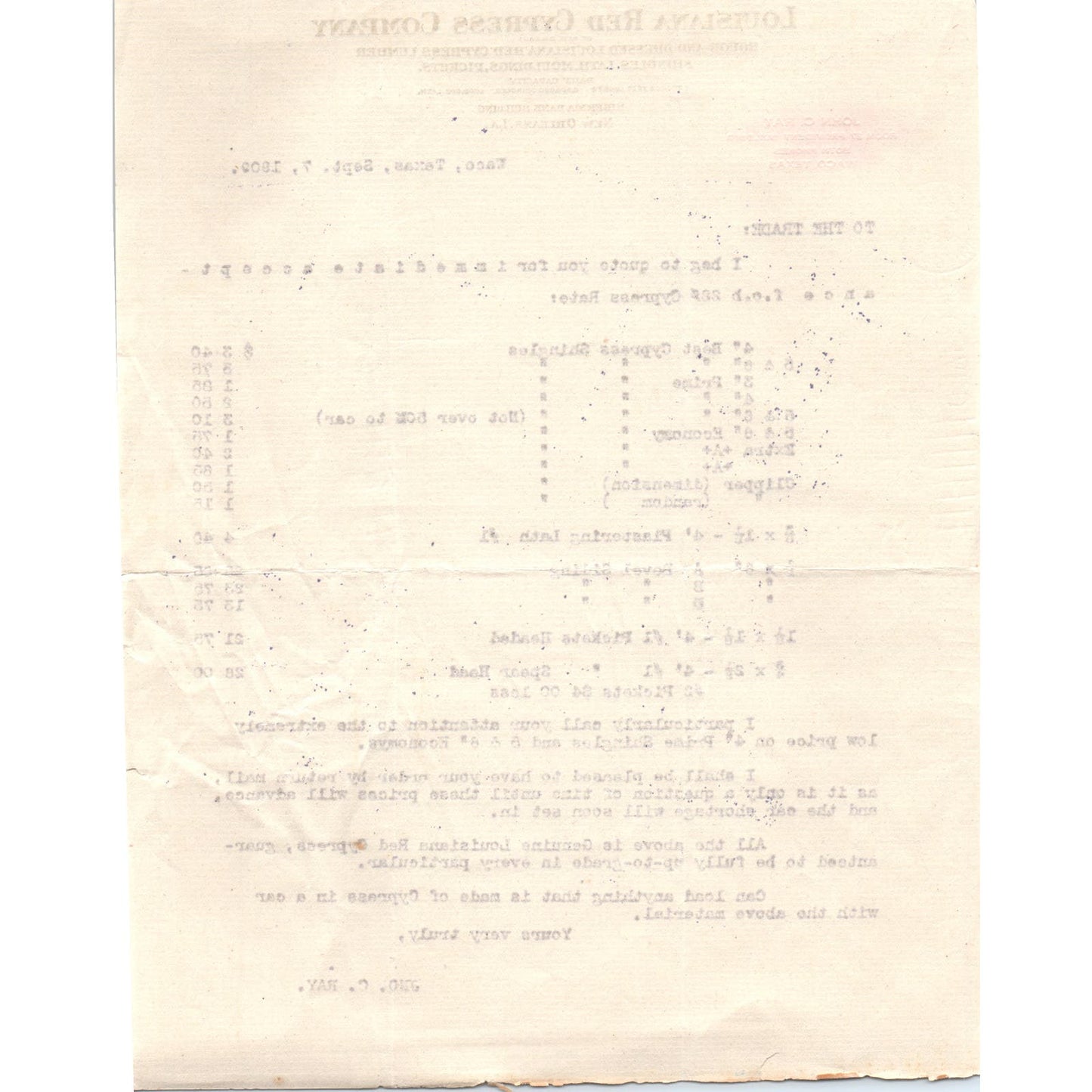 1909 Louisiana Red Cypress Company Lumber New Orleans Billhead Letterhead D17