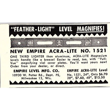 Feather-Light Level Magfinifers Empire Level Mfg Co Milwaukee 1955 Ad AF9-S2