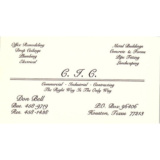 Don Bell CIC Contracting Houston TX Vintage Business Card SD9-B3