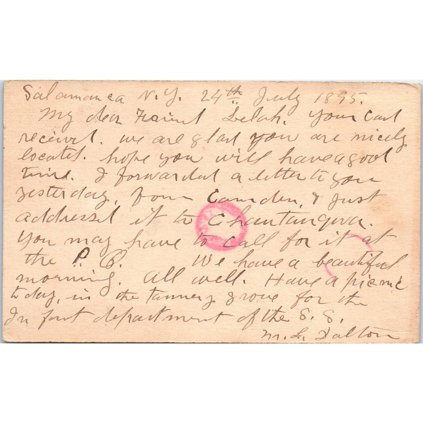 c1900 Postal Mailing Carr Lelah J. Miller Longfellow Cottage Chautauqua NY PD1