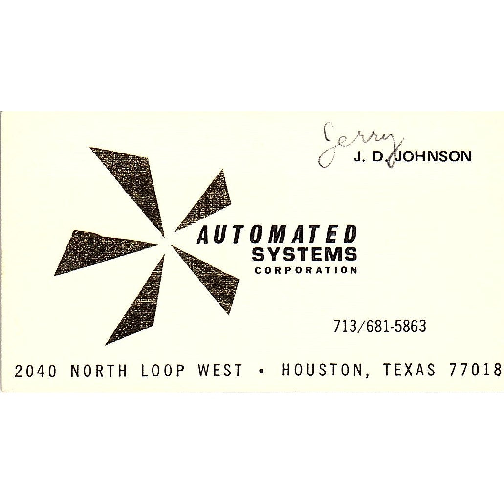 J.D. Johnson Automated Systems Houston TX Vintage Business Card SD9-B2