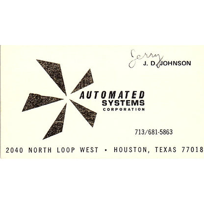 J.D. Johnson Automated Systems Houston TX Vintage Business Card SD9-B2