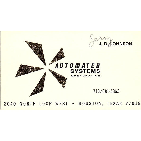 J.D. Johnson Automated Systems Houston TX Vintage Business Card SD9-B2