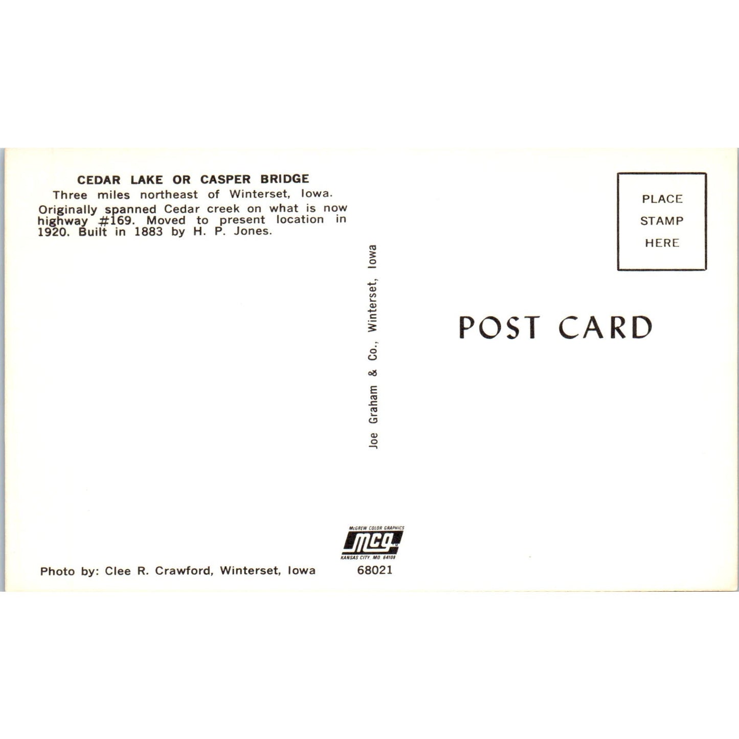 Cedar Lake or Casper Bridge Winterset IA Vintage Covered Bridge Postcard PC16