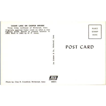 Cedar Lake or Casper Bridge Winterset IA Vintage Covered Bridge Postcard PC16