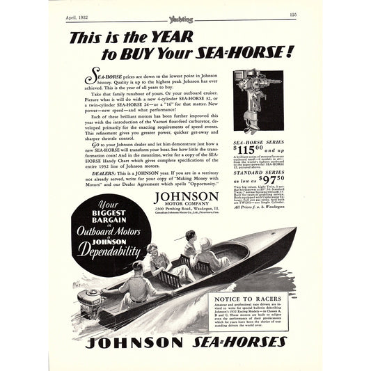 Johnson Sea Horses Johnson Motor Company Waukegan IL 1932 Ad V1-4