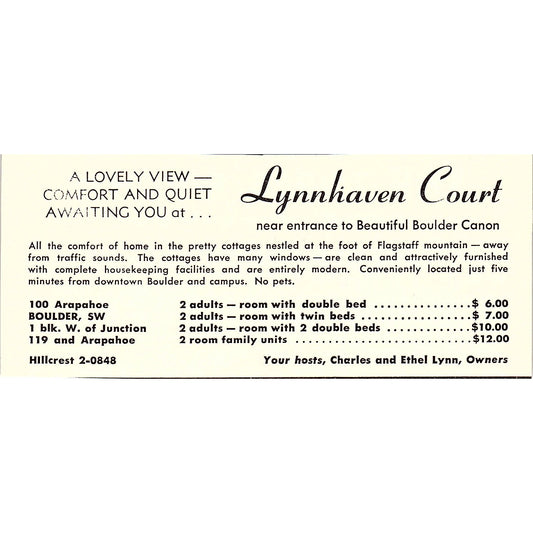 Lynnhaven Court Charles & Ethel Lynn Boulder CO 1958 Ad AG1-M2