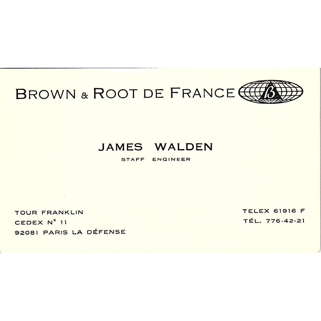 James Walden Brown & Root De France Vintage Business Card TH2-B1