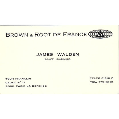 James Walden Brown & Root De France Vintage Business Card TH2-B1