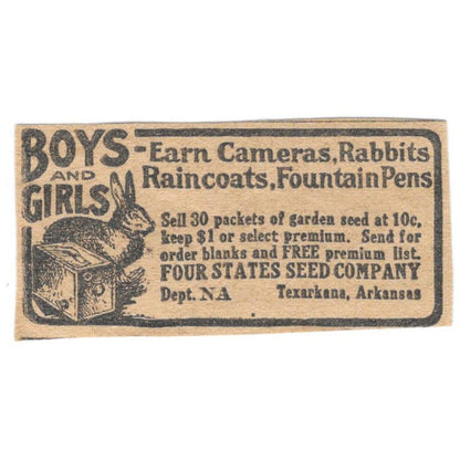 Four States Seed Co Texarkana AR Sell Seeds Offer 1923 Magazine Ad Clip AE1-8