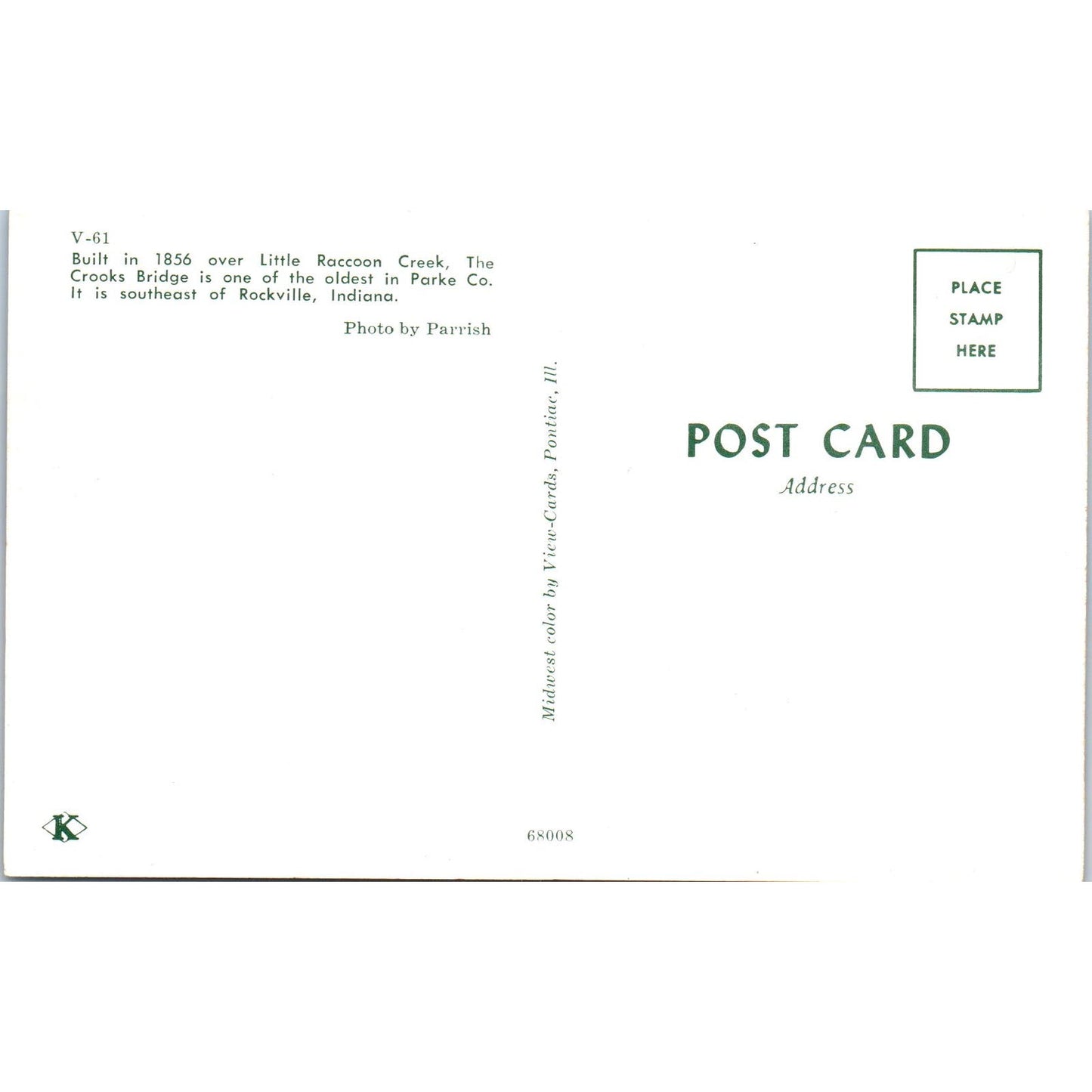 The Crooks Bridge Parke County Indiana Vintage Covered Bridge Postcard PD3