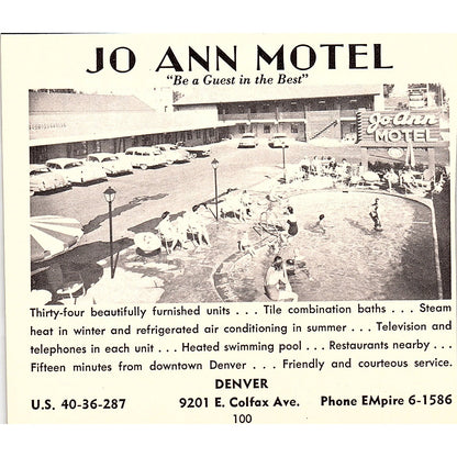 Holiday Chalet Apartment Hotel, Jo Ann Motel Denver CO 1958 Ad AG1-H1