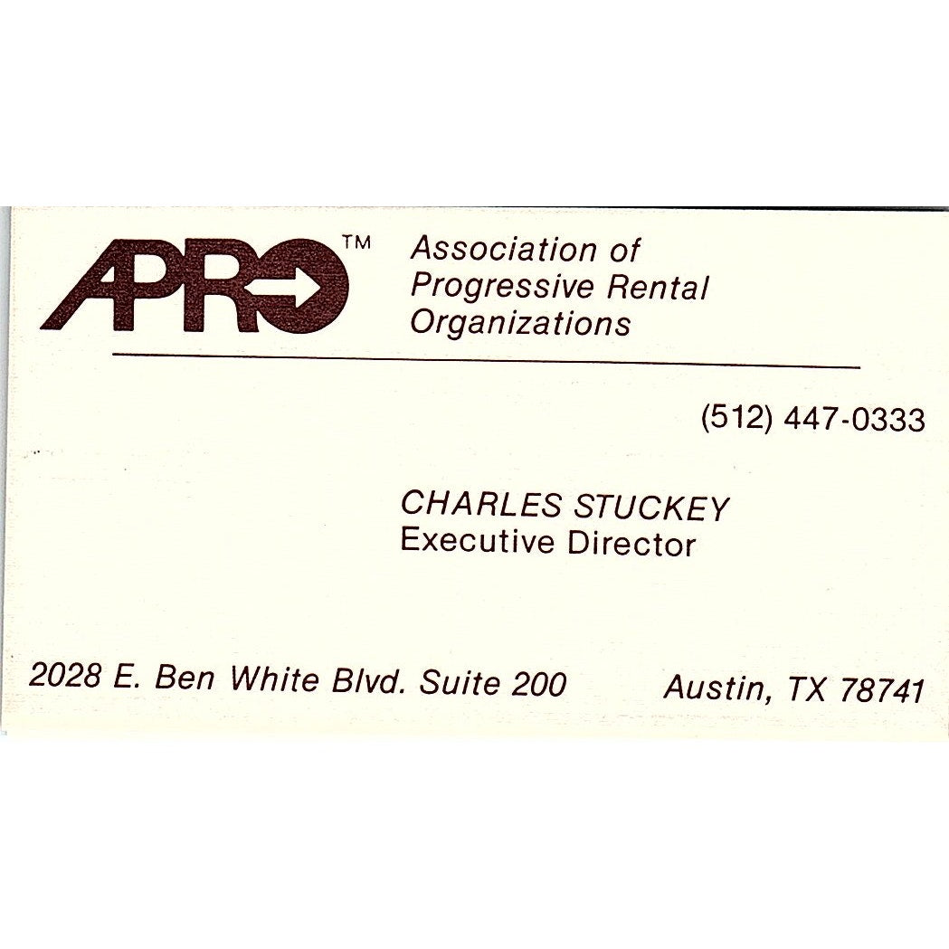 Charles Stuckey APRO Rentals Austin TX Vintage Business Card SC9-B5