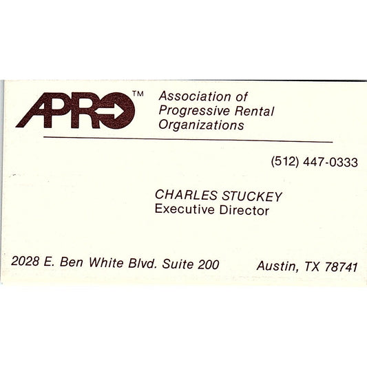 Charles Stuckey APRO Rentals Austin TX Vintage Business Card SC9-B5