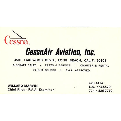 CessnAir Aviation Inc Willard Marvin Long Beach CA Vintage Business Card SE3-B16