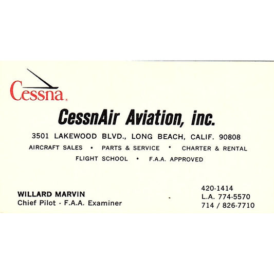 CessnAir Aviation Inc Willard Marvin Long Beach CA Vintage Business Card SE3-B16