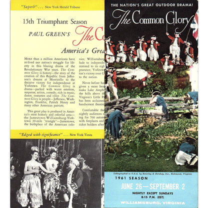 1961 The Common Glory Outdoor Play Williamsburg Vintage Travel Brochure TH2-TB5