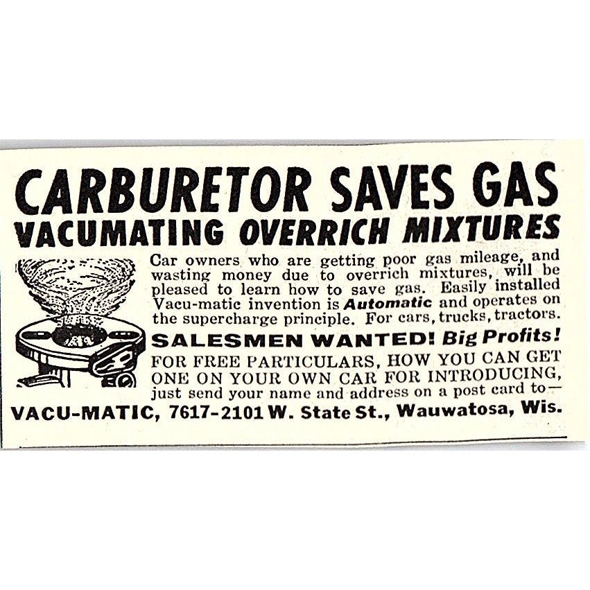 Vacu-Matic Carburetor Saves Gas Wauwatosa WI 1955 Ad AF9-S2