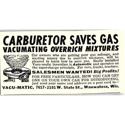 Vacu-Matic Carburetor Saves Gas Wauwatosa WI 1955 Ad AF9-S2