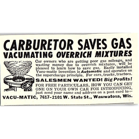 Vacu-Matic Carburetor Saves Gas Wauwatosa WI 1955 Ad AF9-S2