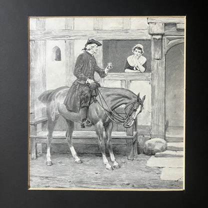 1920s Colonial Man on Horse With Woman Matted Vintage Art Print 11x14 V9