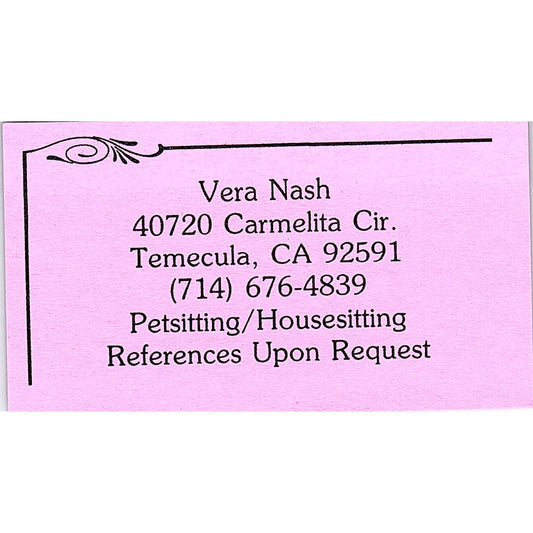 Vera Nash Pet Sitting House Sitting Temecula CA Vintage Business Card SC9-B9