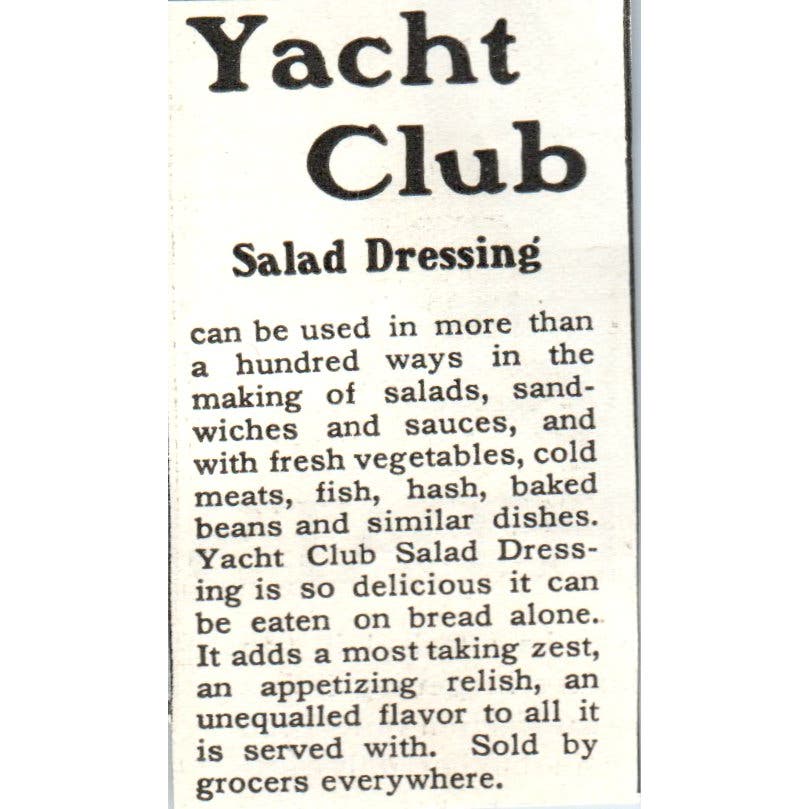 Yacht Club Salad Dressing c1905 Original Magazine Advertisement AE7-A1