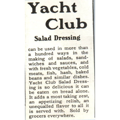Yacht Club Salad Dressing c1905 Original Magazine Advertisement AE7-A1