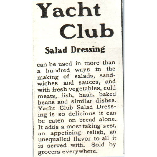 Yacht Club Salad Dressing c1905 Original Magazine Advertisement AE7-A1