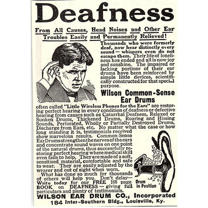 Wilson Ear Drum Co Deafness Treatment Louisville KY 1914 Original Ad AF3-Q4
