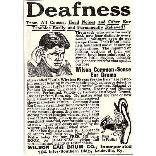 Wilson Ear Drum Co Deafness Treatment Louisville KY 1914 Original Ad AF3-Q4