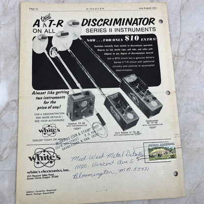 1974 Jul/Aug White's Electronics Discover Newsletter Metal Detector Treasure M19