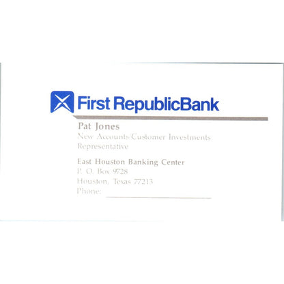 Pat Jones First Republic Bank Houston TX Vintage Business Card SE3-B8