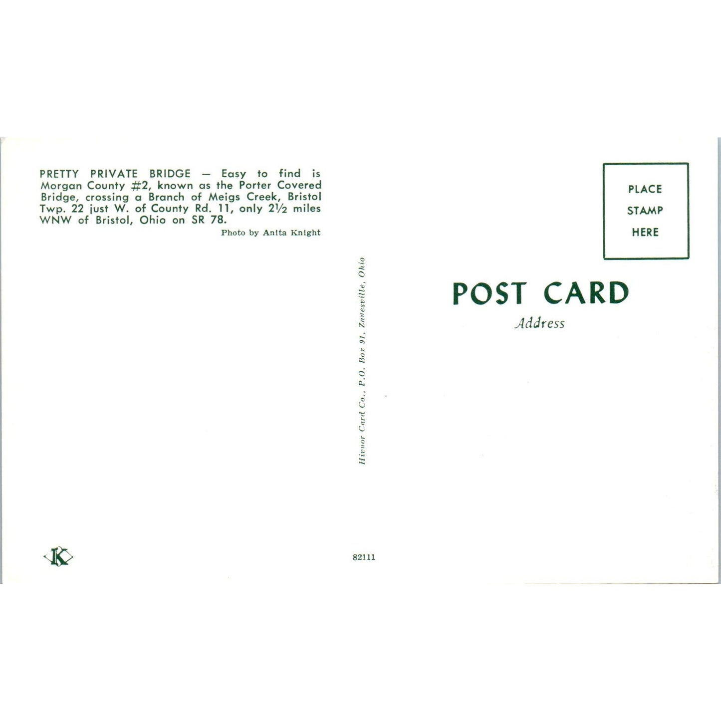 Private Bridge Morgan County #2 Bristol Ohio Covered Bridge Postcard PB11