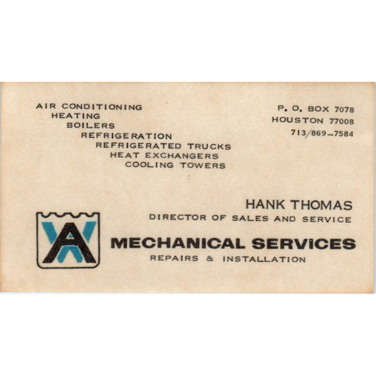 Hank Thomas AW Mechanical Services Houston TX Vintage Business Card SD4-B1
