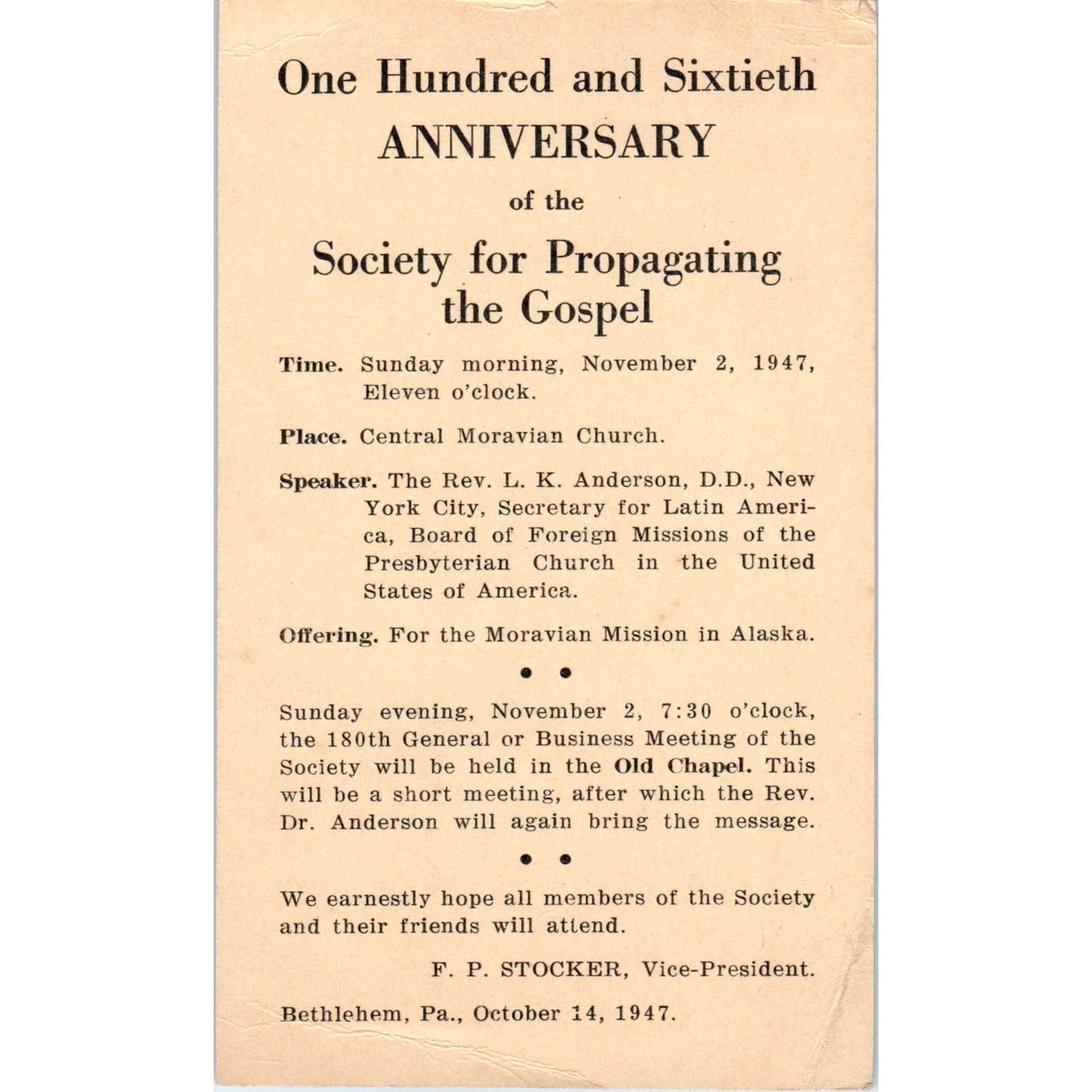 1947 160th Anny Society for Propagating the Gospel Invitation Bethlehem PA AE5