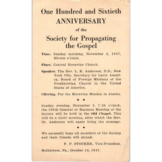 1947 160th Anny Society for Propagating the Gospel Invitation Bethlehem PA AE5