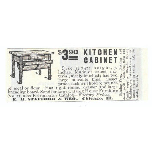 E.H. Stafford & Bro Kitchen Cabinet Chicago c1905 Original Advertisement AE7-SA1