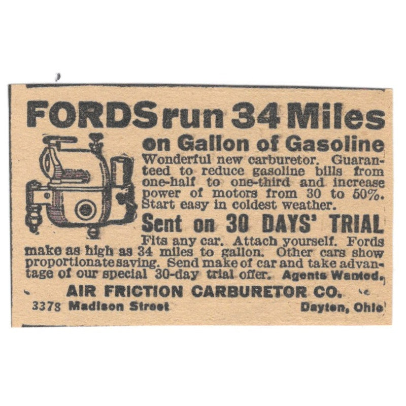 Air Friction Carburetor Co Ford Gas Mileage Dayton OH 1922 Magazine Ad AF2-T7
