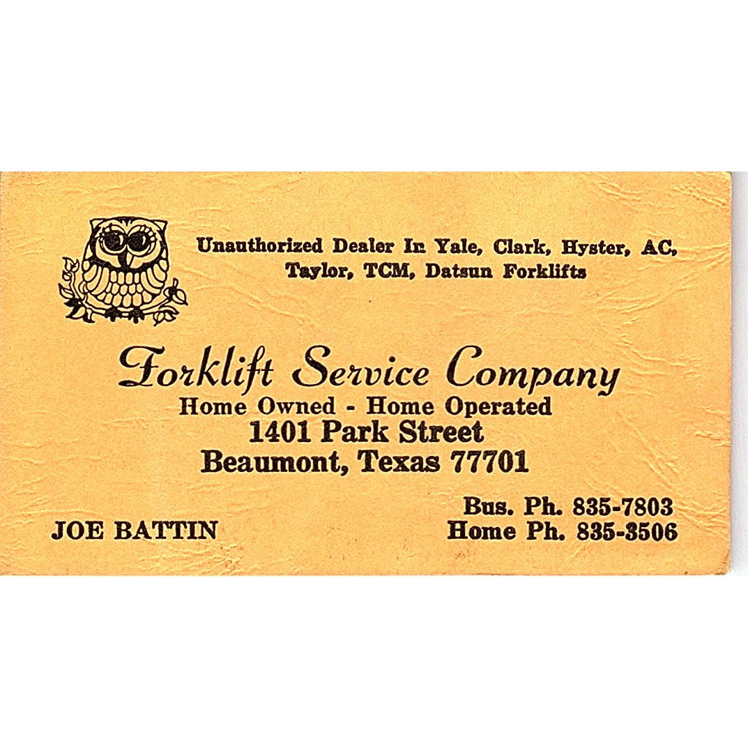 Joe Battin Forklift Service Co Beaumont TX Vintage Business Card SC9-B2