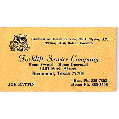 Joe Battin Forklift Service Co Beaumont TX Vintage Business Card SC9-B2