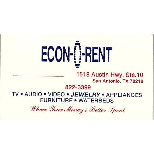 Econ-O-Rent San Antonio TX Vintage Business Card SD9-B12