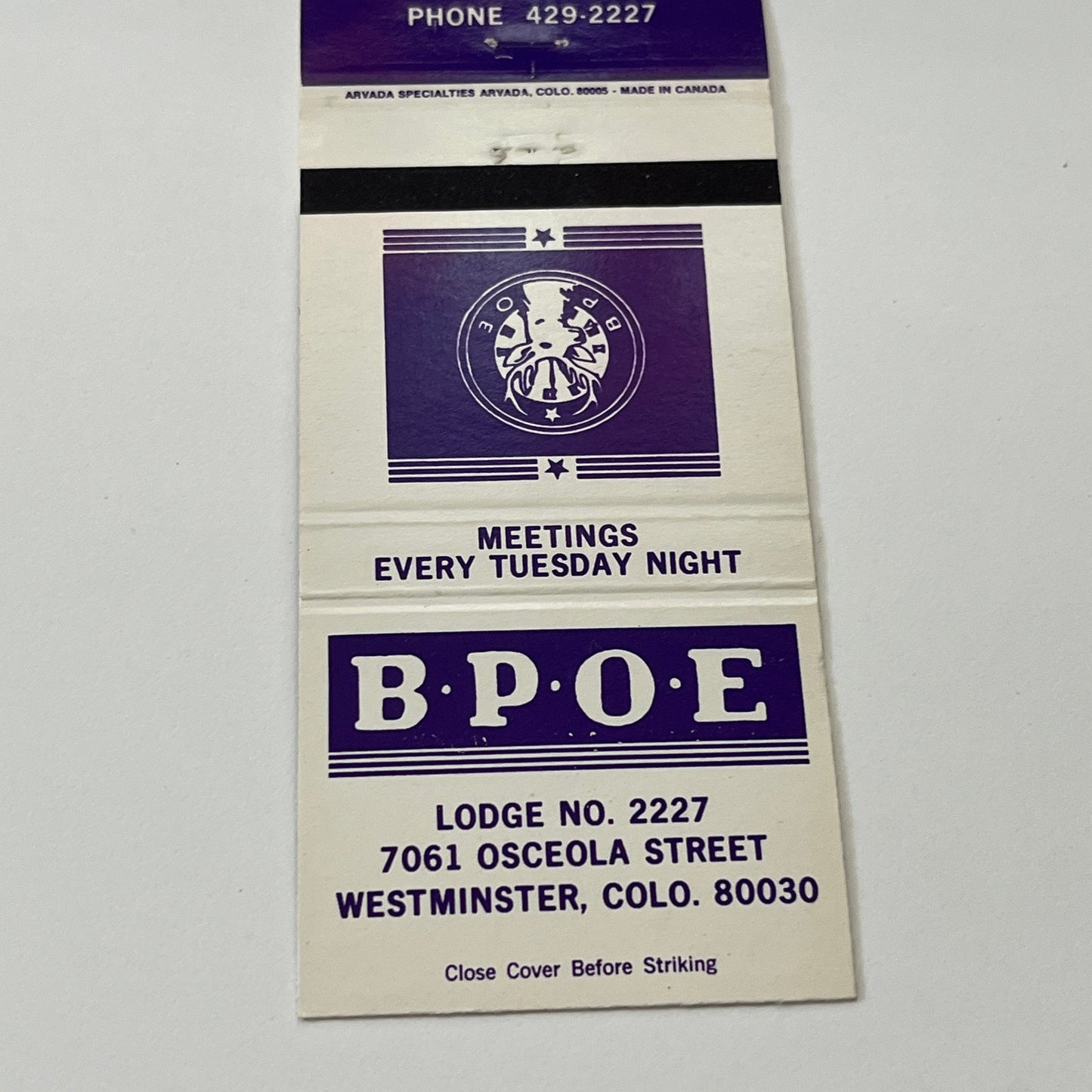 BPOE Lodge 2227 Westminster CO Vintage Matchbook Cover TB6-MB1-14