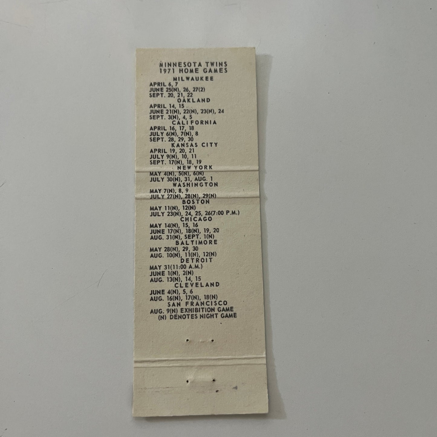 Minnesota Twins Baseball Schedule 1971 MN Vintage Matchbook Cover MB37-2