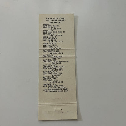 Minnesota Twins Baseball Schedule 1971 MN Vintage Matchbook Cover MB37-2