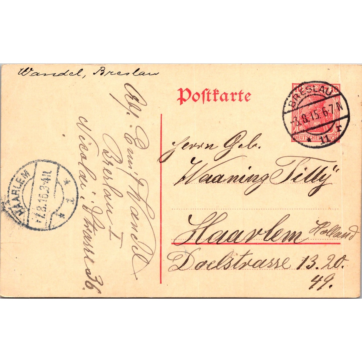 Waaning Tilly Haarlem Wandel Breslan 1915 German Reich Postcard P5-11