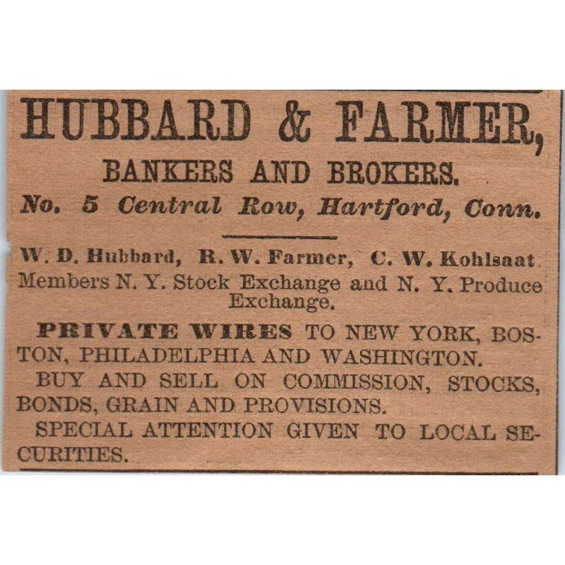 Hubbard & Farmer Bankers Central Row Hartford 1886 Newspaper Ad AF7-E5